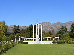 The best-known landmark in Franschhoek is the Huguenot memorial commemorating the arrival in the Cape of these Protestants from France.  Erected in 1938 to mark the 250th anniversary of their arrival, the design incorporates  the cross of Christianity, the sun of righteousness, the Trinity and spiritual tranquility.  Find Franschhoek accommodation on our Franschhoek accommodation page.