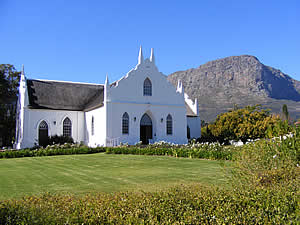 Franschhoek's elegant Dutch Reformed Church was built between 1846 and 1847 while the northern and southern wings were added in 1883.  Find Franschhoek accommodation on our Franschhoek accommodation page.