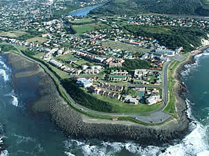 Gonubie from the air looking inland towards the river.  Find Gonubie accommodation on our Gonubie accommodation page.