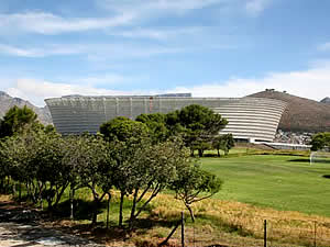 Green Point stadium, a world-class arena built for the Soccer World Cup in South Africa.  Find Green Point Cape Town accommodation on our Green Point Cape Town accommodation page.
