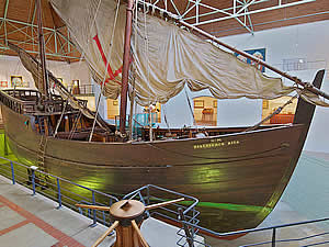 The replica of Bartolomeu Dias's caravelle in the Mossel Bay Museum.  Dias, who was searching for a trading route   to India, had rounded the Cape of Good Hope before landing at Mossel Bay in 1488 which he named Angra dos   Vaqueiros (The Bay of Cowherds). It aquired its present name from Dutch explorers.  Find Mossel Bay accommodation   on our Mossel Bay accommodation page.